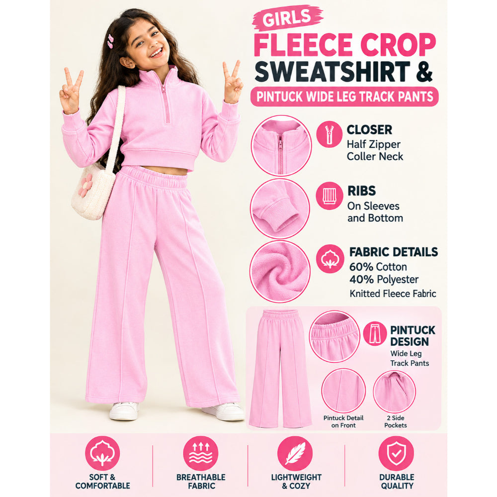 Kiddopanti Girls Cotton Blend Fleece Half Zip Crop-Length Solid Sweatshirt & Pintuck Wide Leg Track Pants Co-ord Set