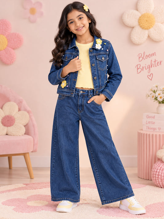 Kiddopanti Girls 3 Piece Co-ord Set with Solid Full Sleeve Crop T-Shirt Crop Denim Jacket Baggy Denim Jeans