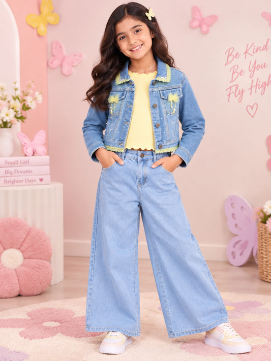 Kiddopanti Girls 3 Piece Co-ord Set with Solid Full Sleeve Crop T-Shirt Crop Denim Jacket Baggy Denim Jeans