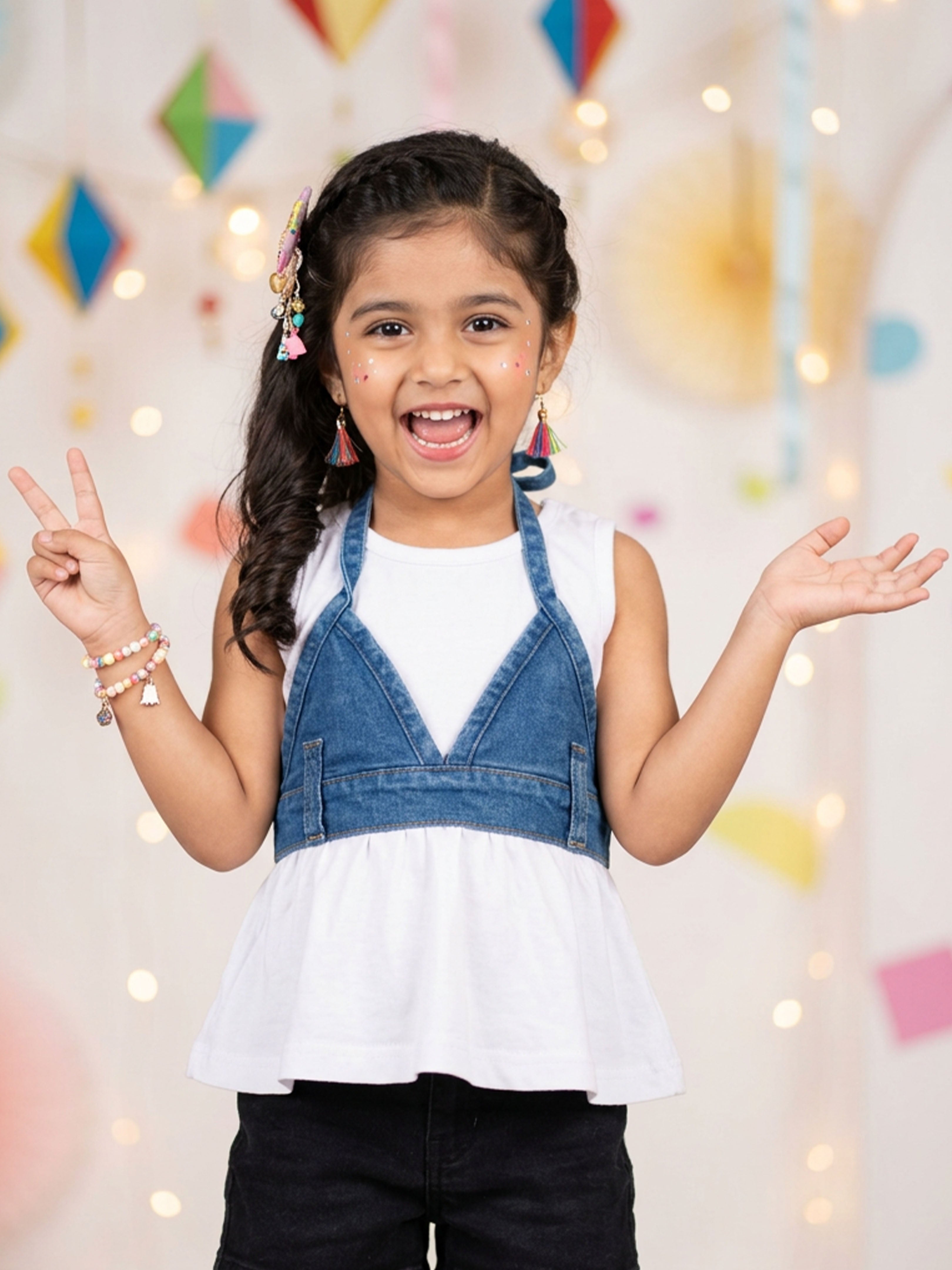 Kiddopanti Girls Sleeveless Peplum Top with Denim Halter Overlay Set