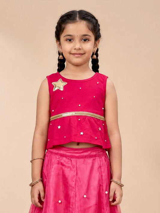 Kiddopanti Girls Cotton Knit Sleeveless Peplum Applique Detailed Top