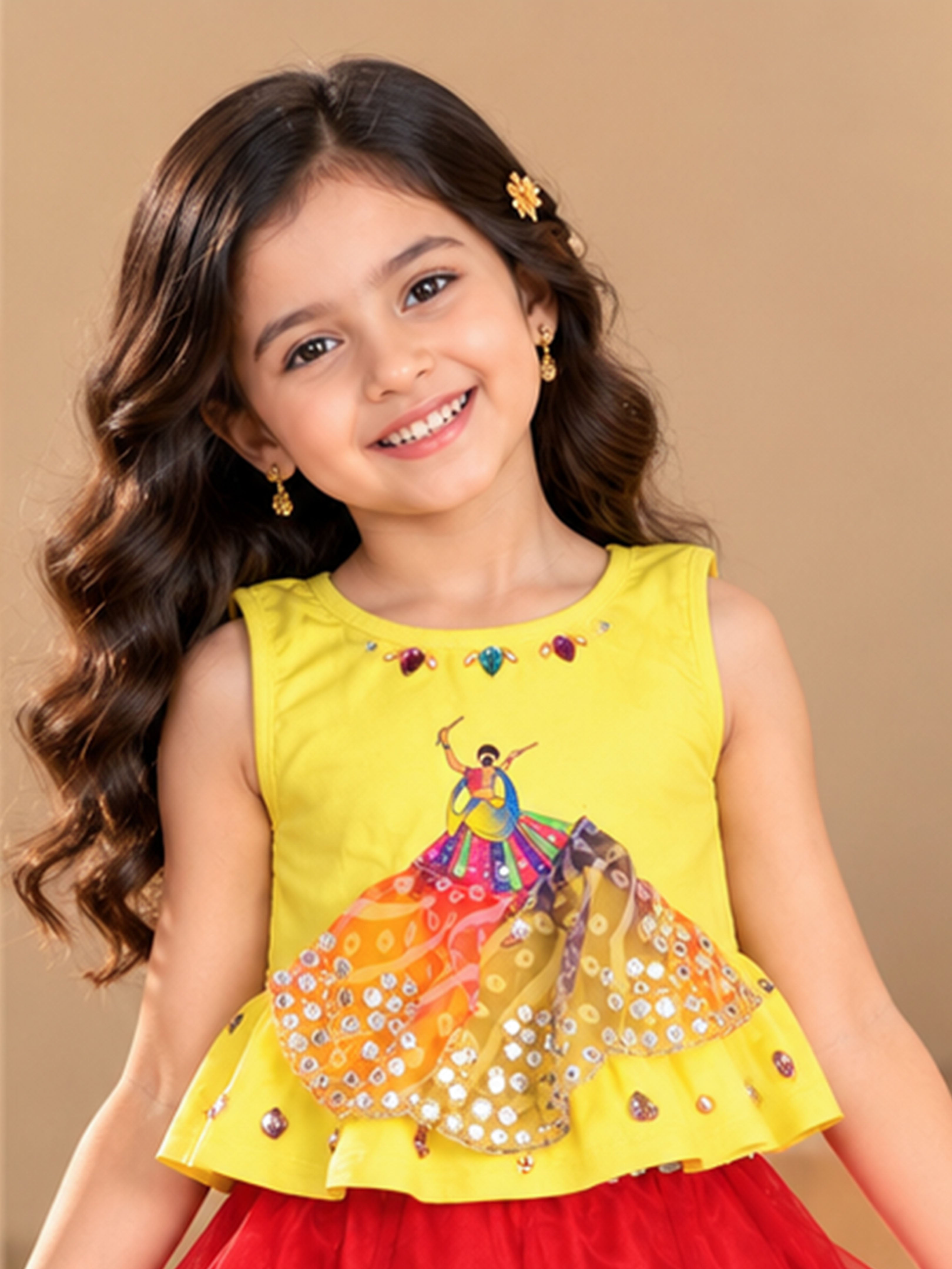 Kiddopanti Girls Cotton Knit Ethnic Printed Sleeveless Peplum Top