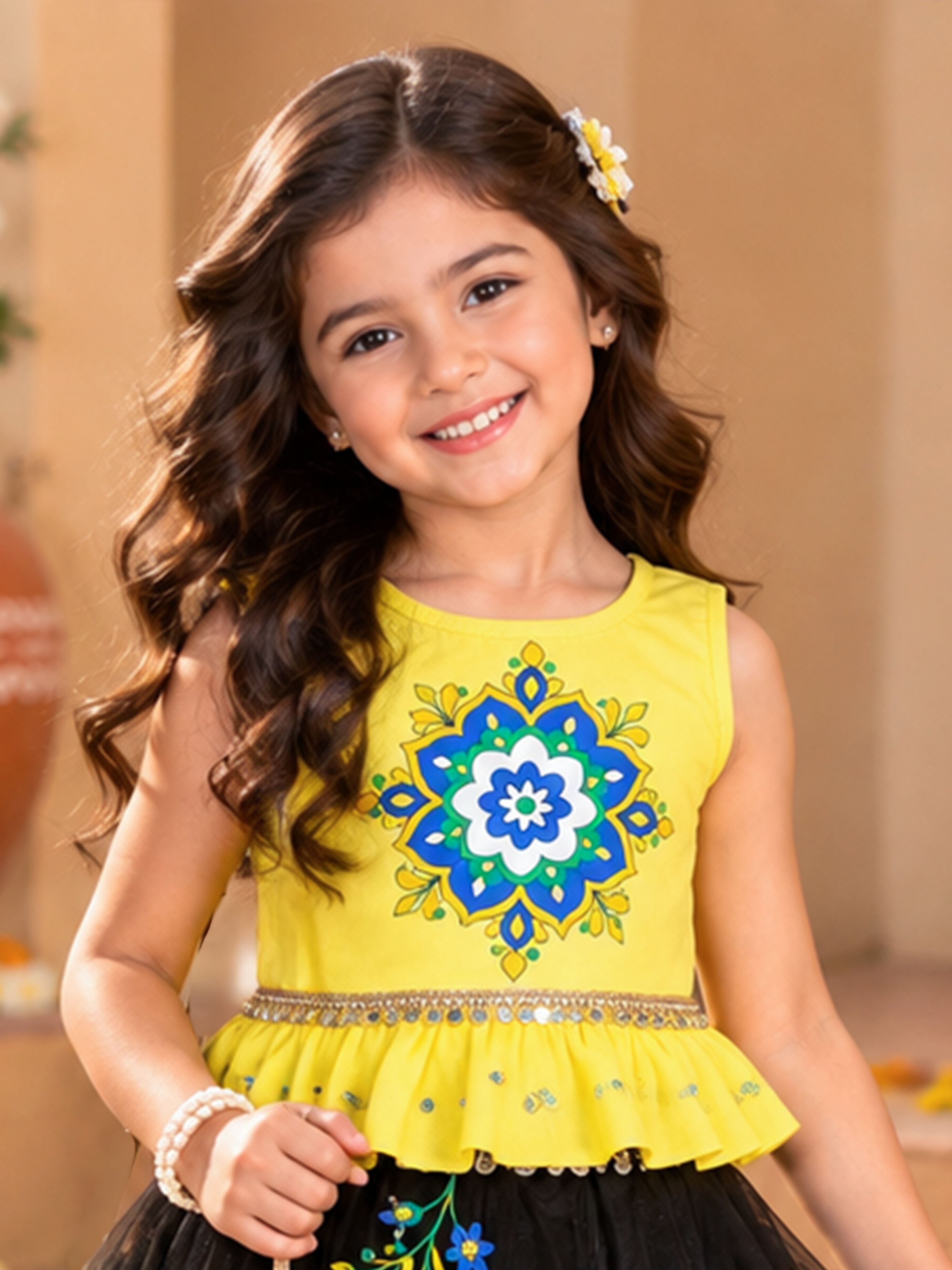 Kiddopanti Girls Cotton Knit Ethnic Printed Sleeveless Peplum Top