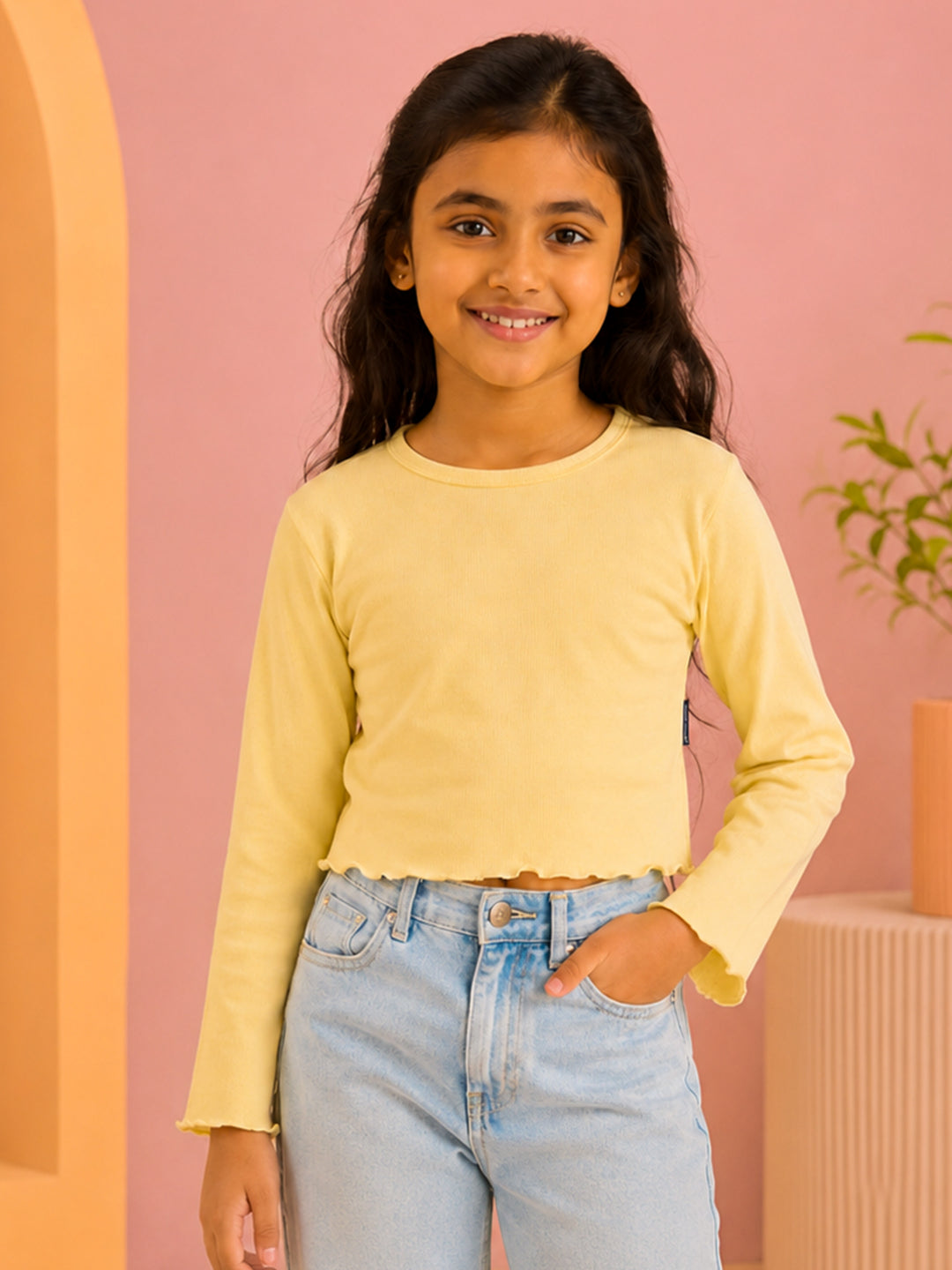 Kiddopanti Girls Cotton Knit Full Sleeves Solid Crop T-Shirt