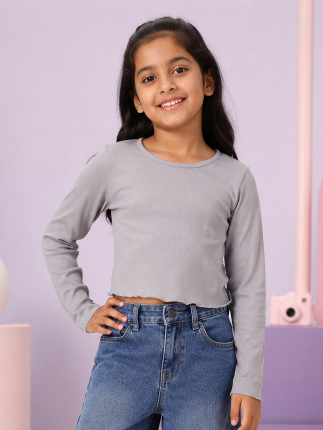 Kiddopanti Girls Cotton Knit Full Sleeves Solid Crop T-Shirt