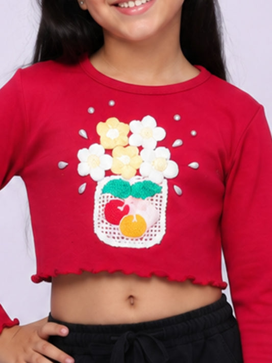 Kiddopanti Girls Cotton Spandex Full Sleeves Crop Gharphic & Embellishment T-Shirt