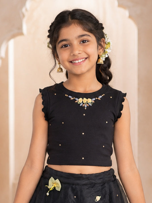 Kiddopanti Girls Sleeveless Ribbed Crop T-Shirt with Lotus Print and Embellishment