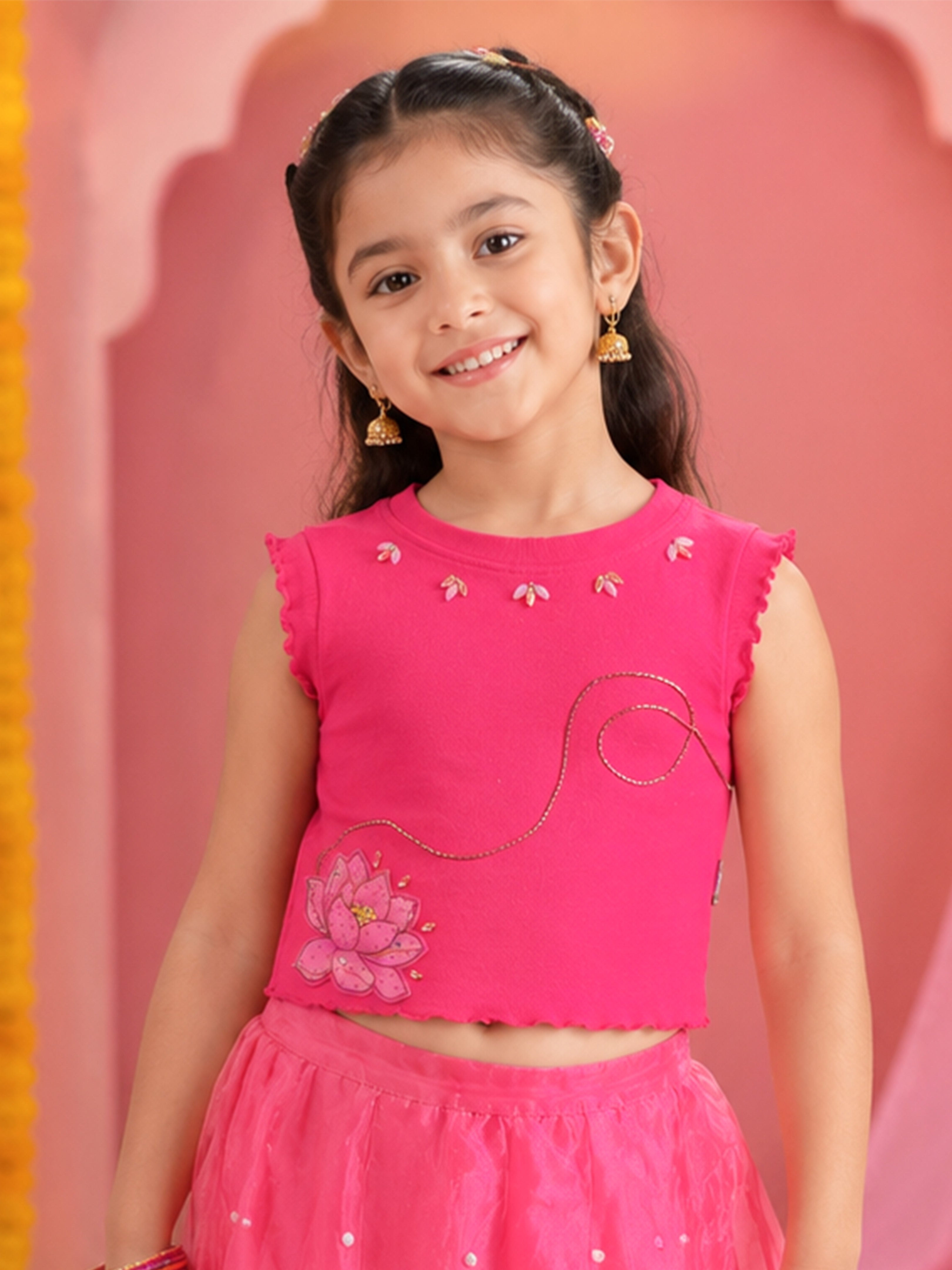 Kiddopanti Girls Sleeveless Ribbed Crop T-Shirt with Lotus Print and Embellishment