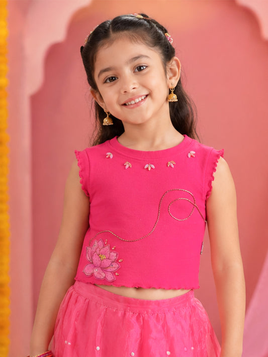 Kiddopanti Girls Sleeveless Ribbed Crop T-Shirt with Lotus Print and Embellishment