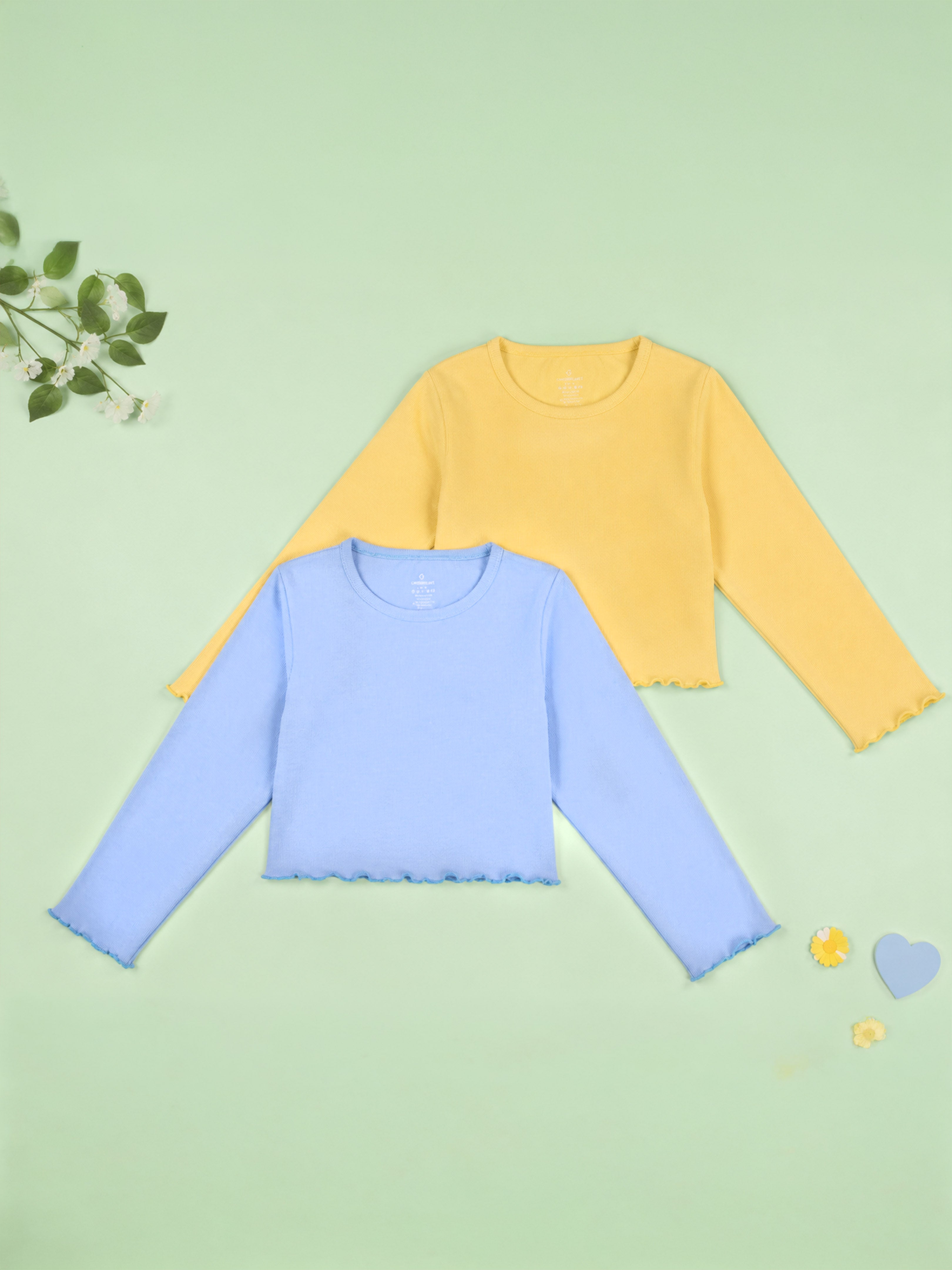 Kiddopanti Girls Cotton Full Sleeve Solid Crop T-Shirt Pack of 2