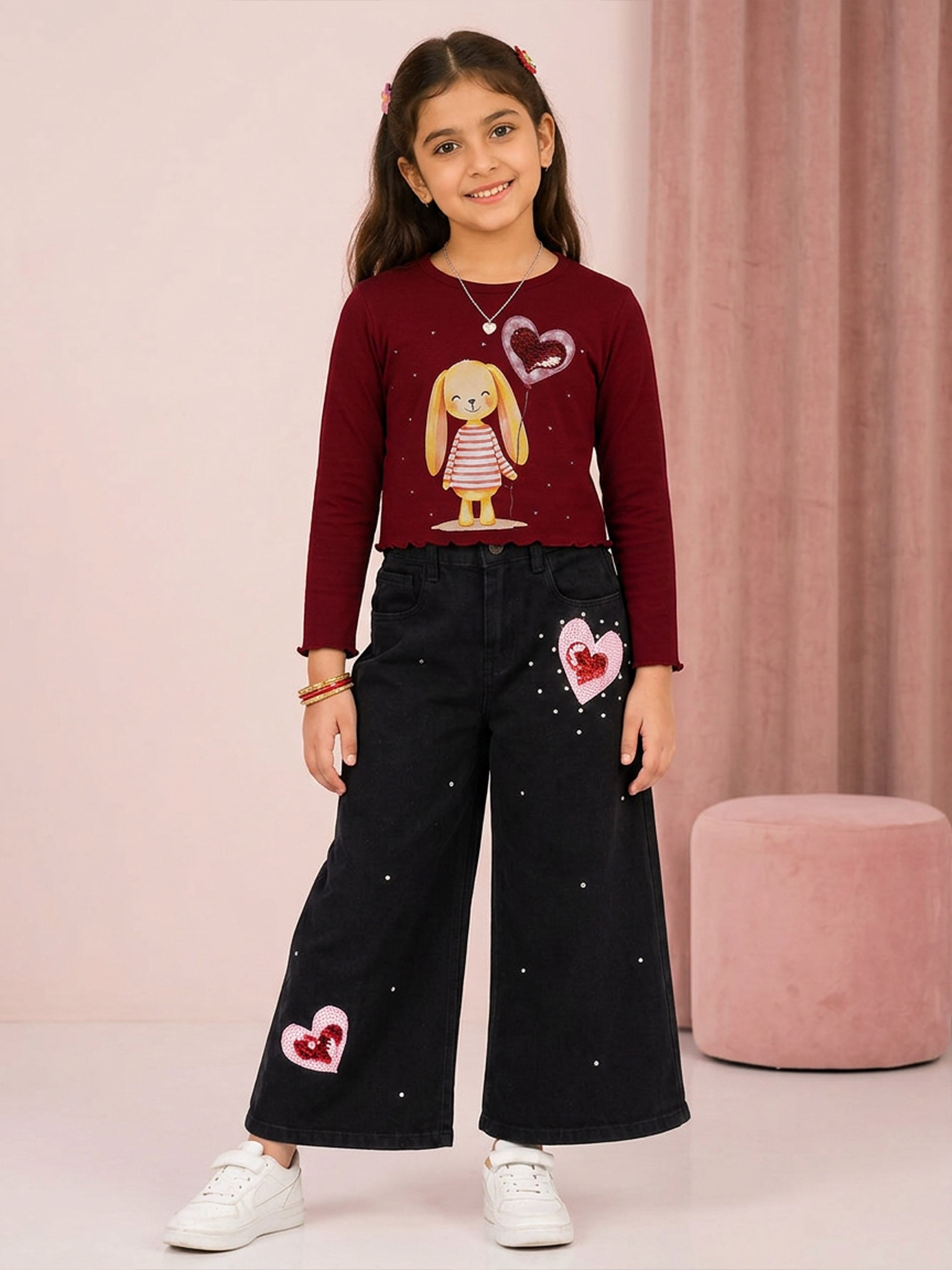 Kiddopanti Girls Cotton Spandex Full Sleeves Graphic Printed Crop T-Shirt & Denim Jeans Co-ord Set