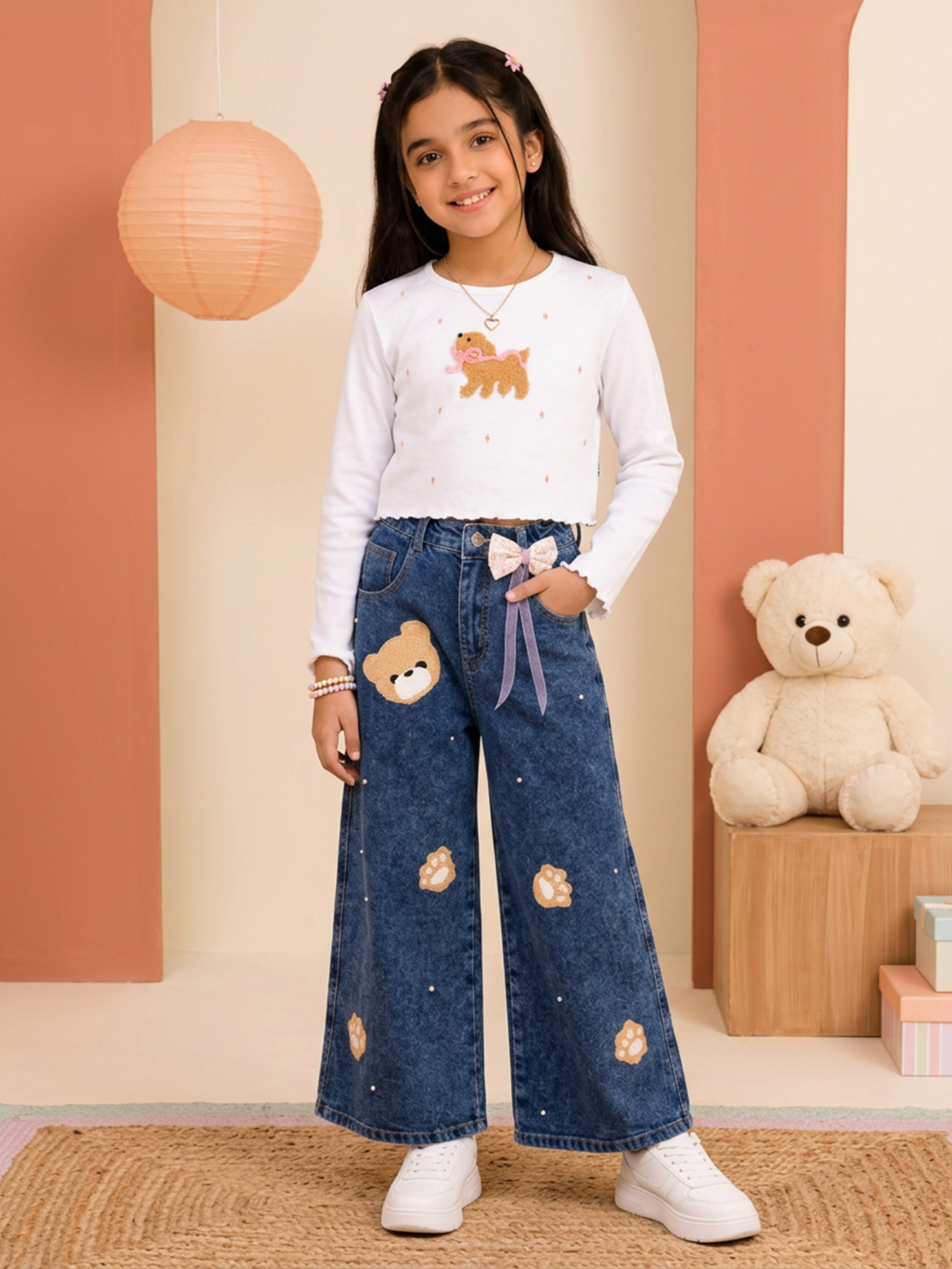 Kiddopanti Girls Cotton Spandex Full Sleeves Graphic Printed Crop T-Shirt & Denim Jeans Co-ord Set