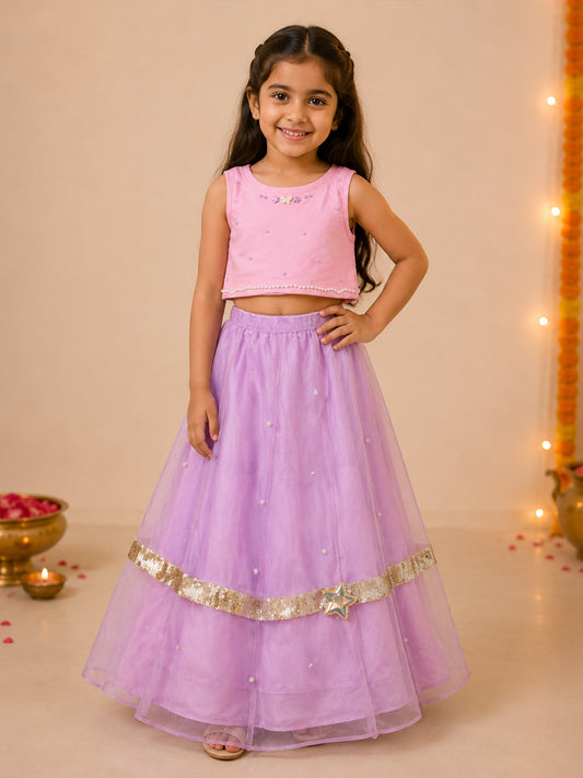 Kiddopanti Girls Cotton Spandex Ribbed Racerback Crop Top T-Shirt with Organza Skirt set
