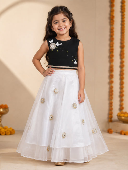 Kiddopanti Girls Cotton Spandex Ribbed Racerback Crop Top T-Shirt with Organza Skirt set