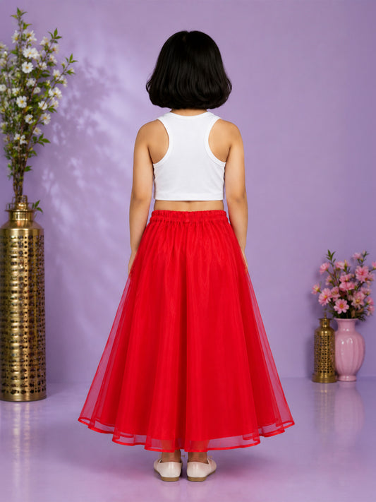 Kiddopanti Girls Cotton Spandex Sleeveless Ribbed Racerback Crop Top T-Shirt with Rhinestone Embellishment & Flared Organza Skirt Set