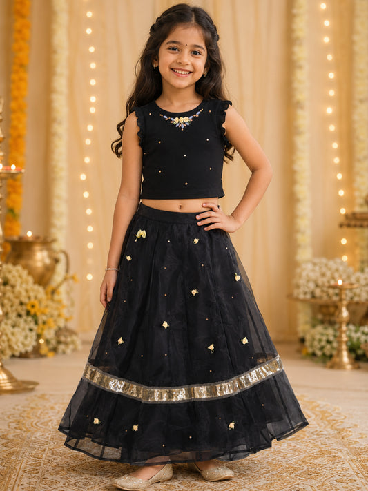 Kiddopanti Girls Cotton Knit Sleeveless Ribbed Crop Lotus Printed T-Shirt with Embellishment & Flared Organza Skirt Set