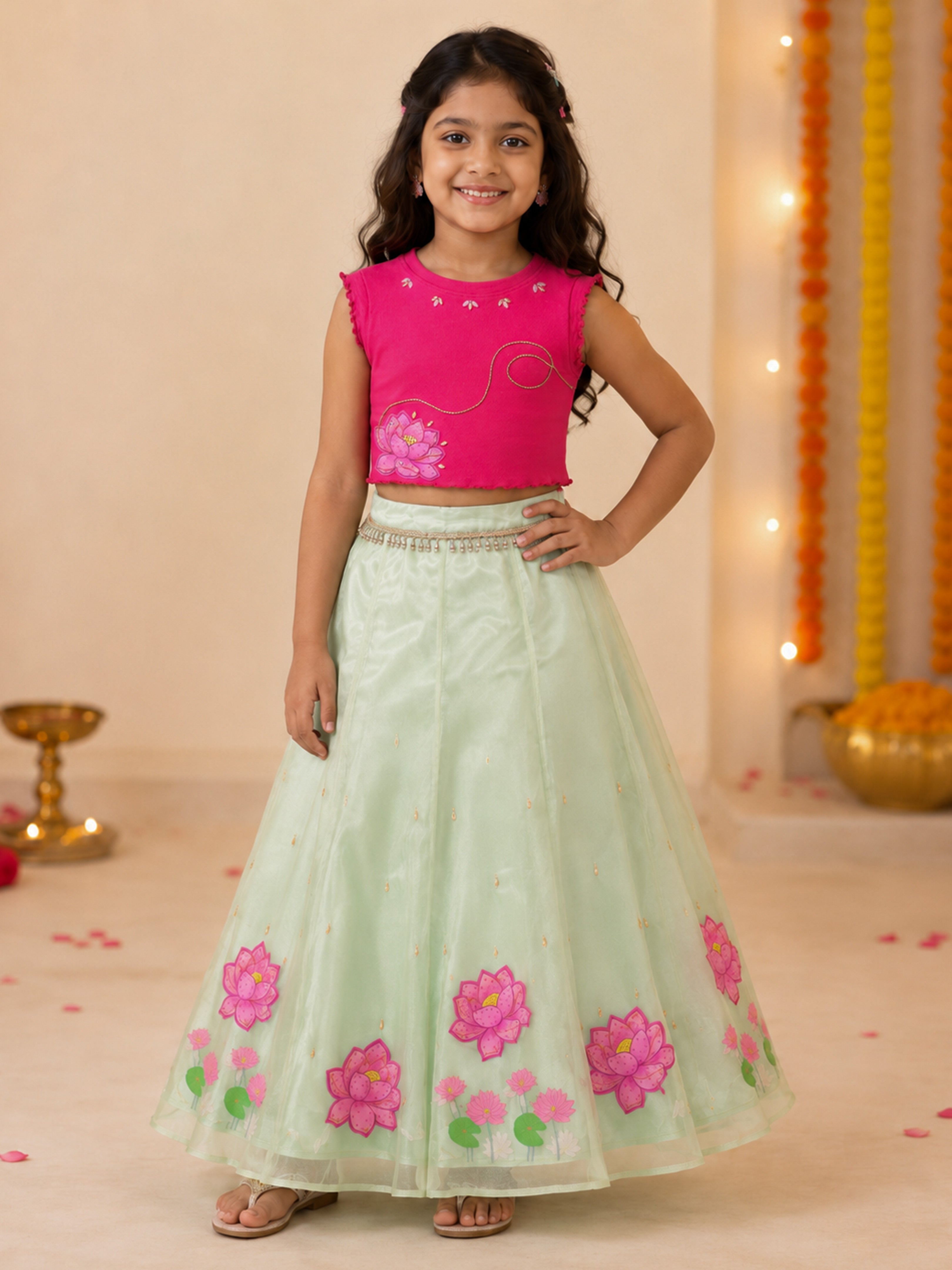 Kiddopanti Girls Cotton Knit Sleeveless Ribbed Crop Lotus Printed T-Shirt with Embellishment & Flared Organza Skirt Set