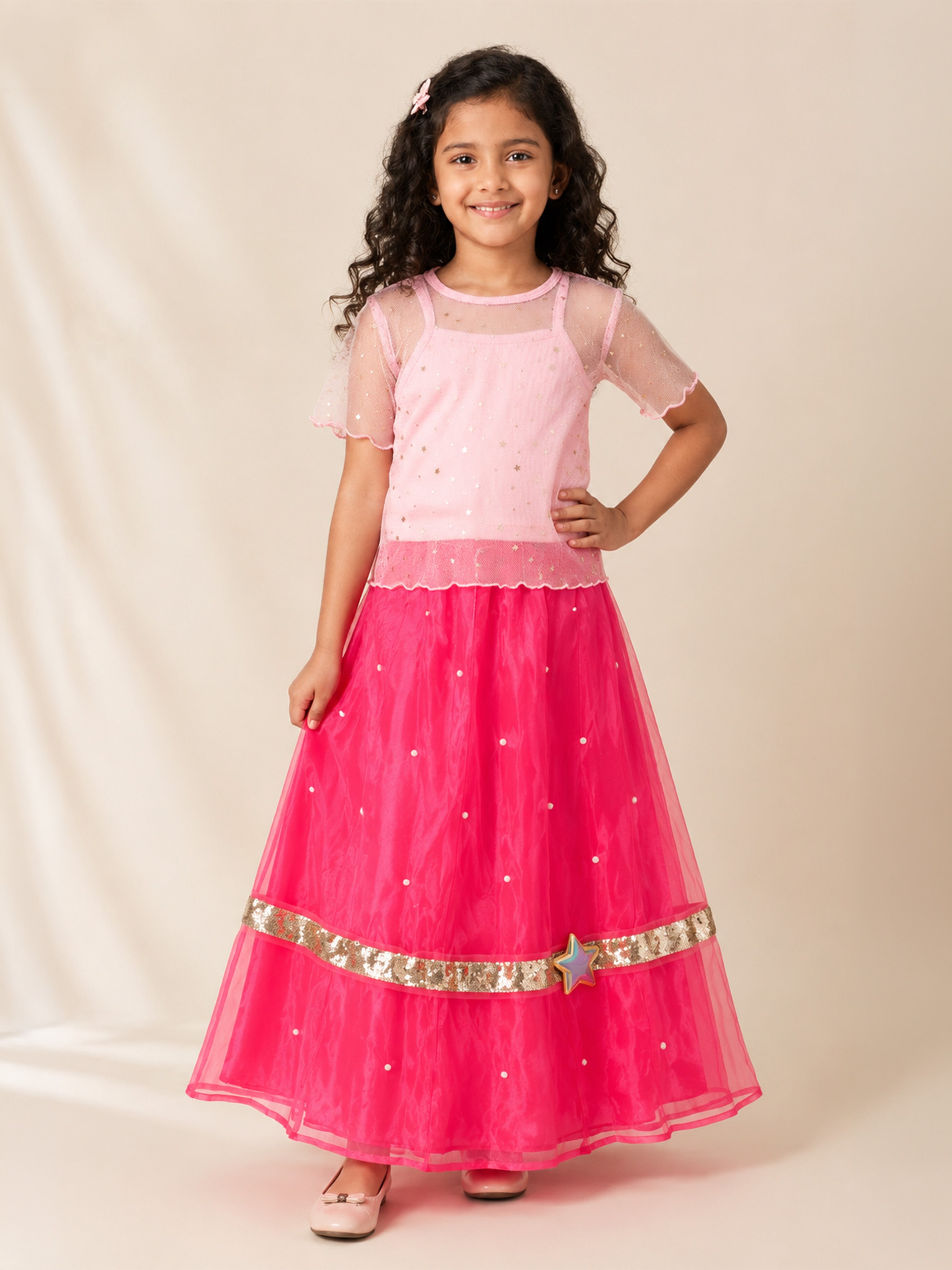 Kiddopanti Girls Cotton Mesh Overlay Top with Rib Knit Inner & Flared Organza Skirt with Sequin Border and Star Applique Set