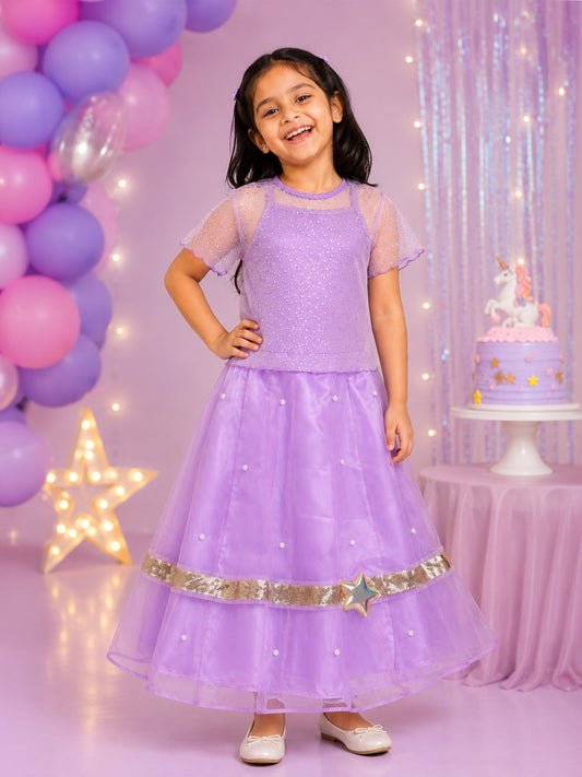 Kiddopanti Girls Cotton Mesh Overlay Top with Rib Knit Inner & Flared Organza Skirt with Sequin Border and Star Applique Set