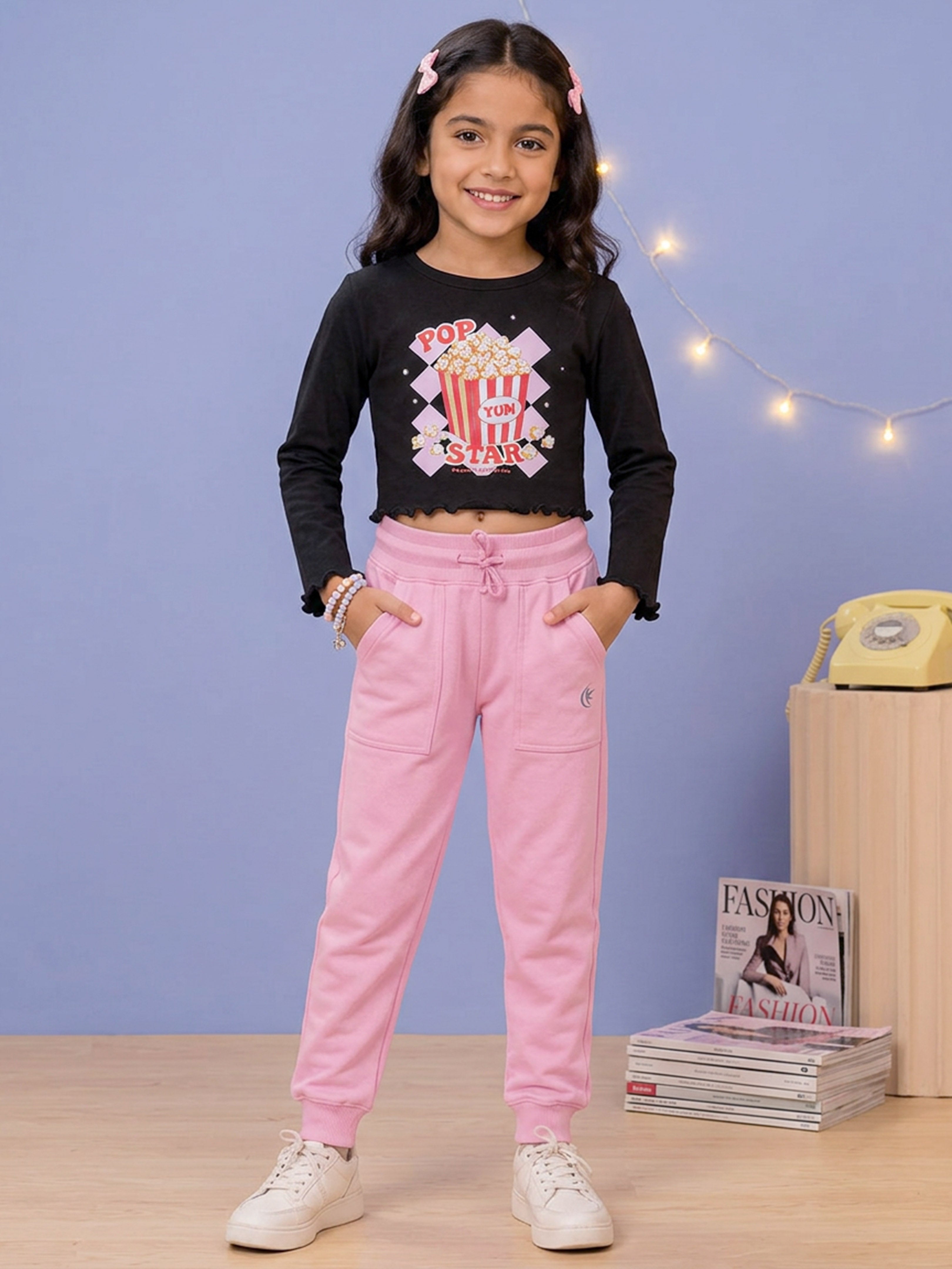 Kiddopanti Girls Cotton Spandex Full Sleeves Graphic Printed Crop T-Shirt & Fleece Jogger Co-ord Set