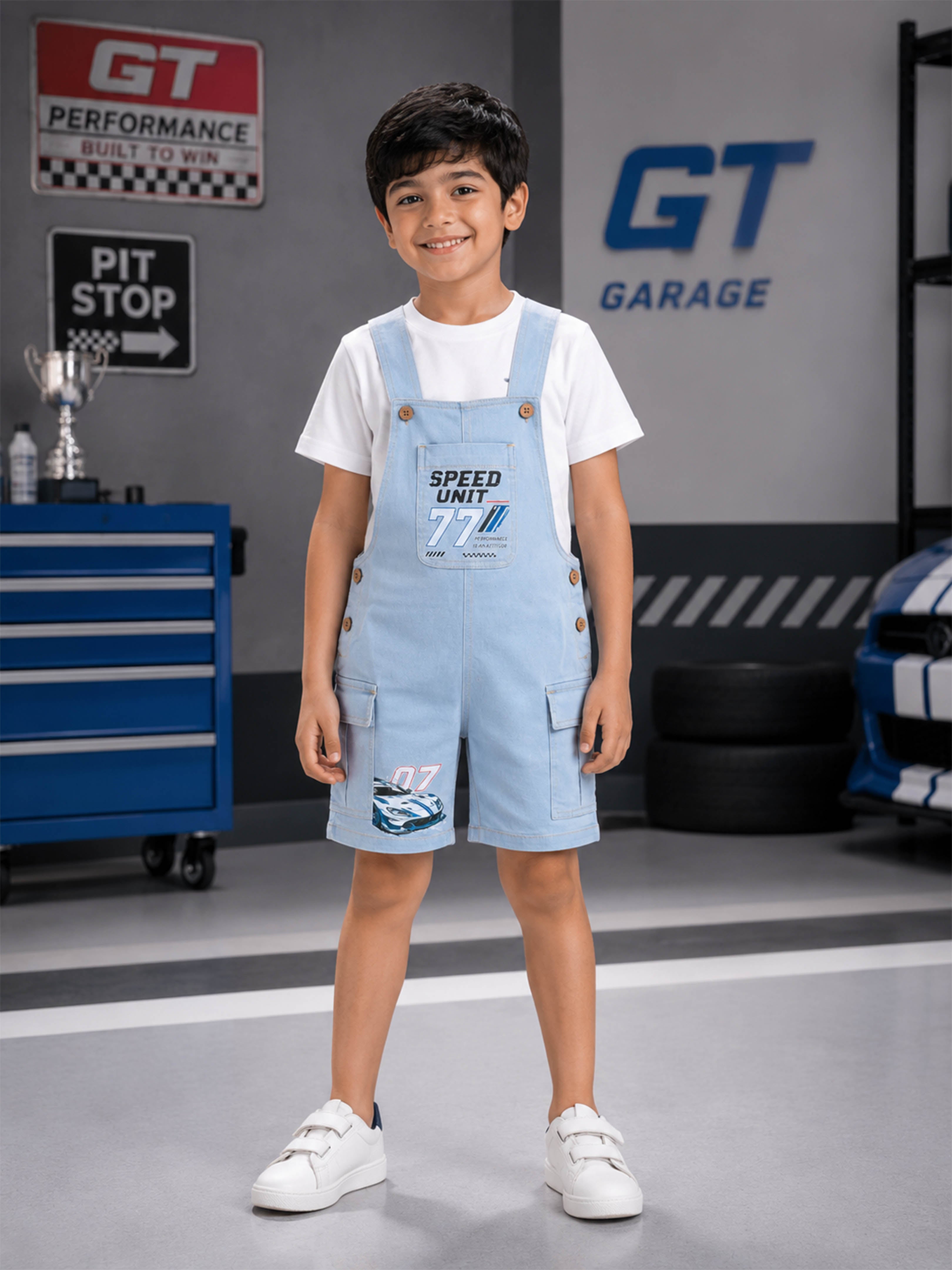Kiddopanti Boys Denim Graphic Printed Cargo Dungaree Shorts