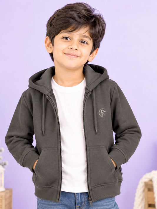 Kiddopanti Cotton Blend Fleece Full Sleeve Solid Zip Front Open Hooded Sweatshirt