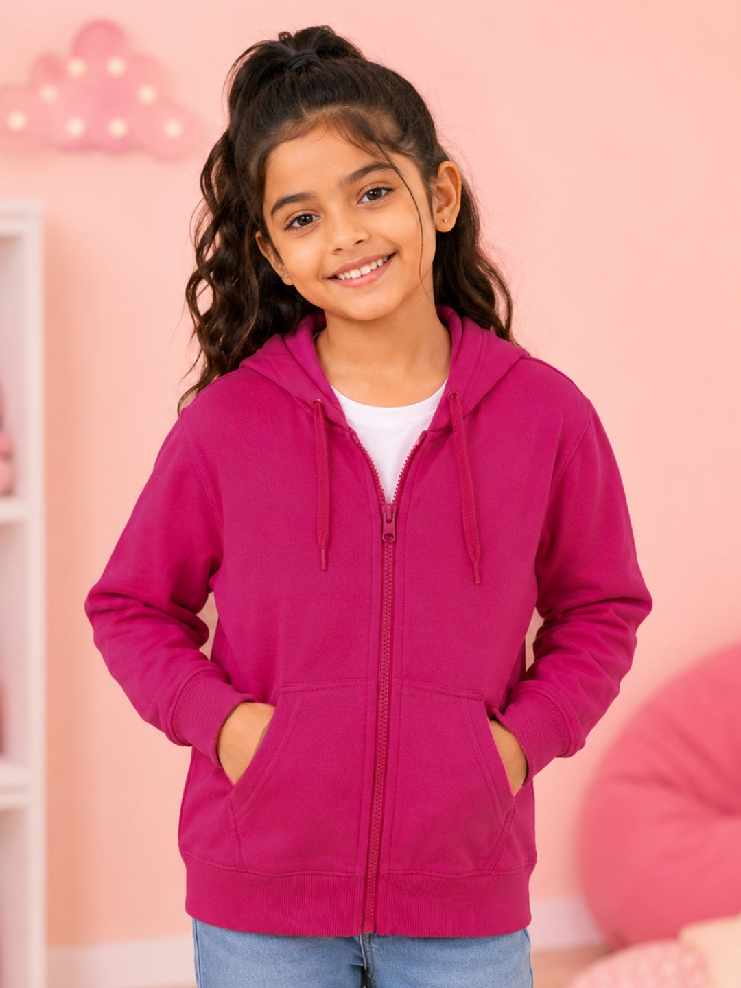 Kiddopanti Boys & Girls Solid Full Sleeve Zip Front Open Hooded Sweatshirt