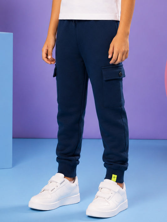 Kiddopanti Boys Cotton Fleece Solid Joggers Cargo Pocket Track Pant with Ribbed Cuffs