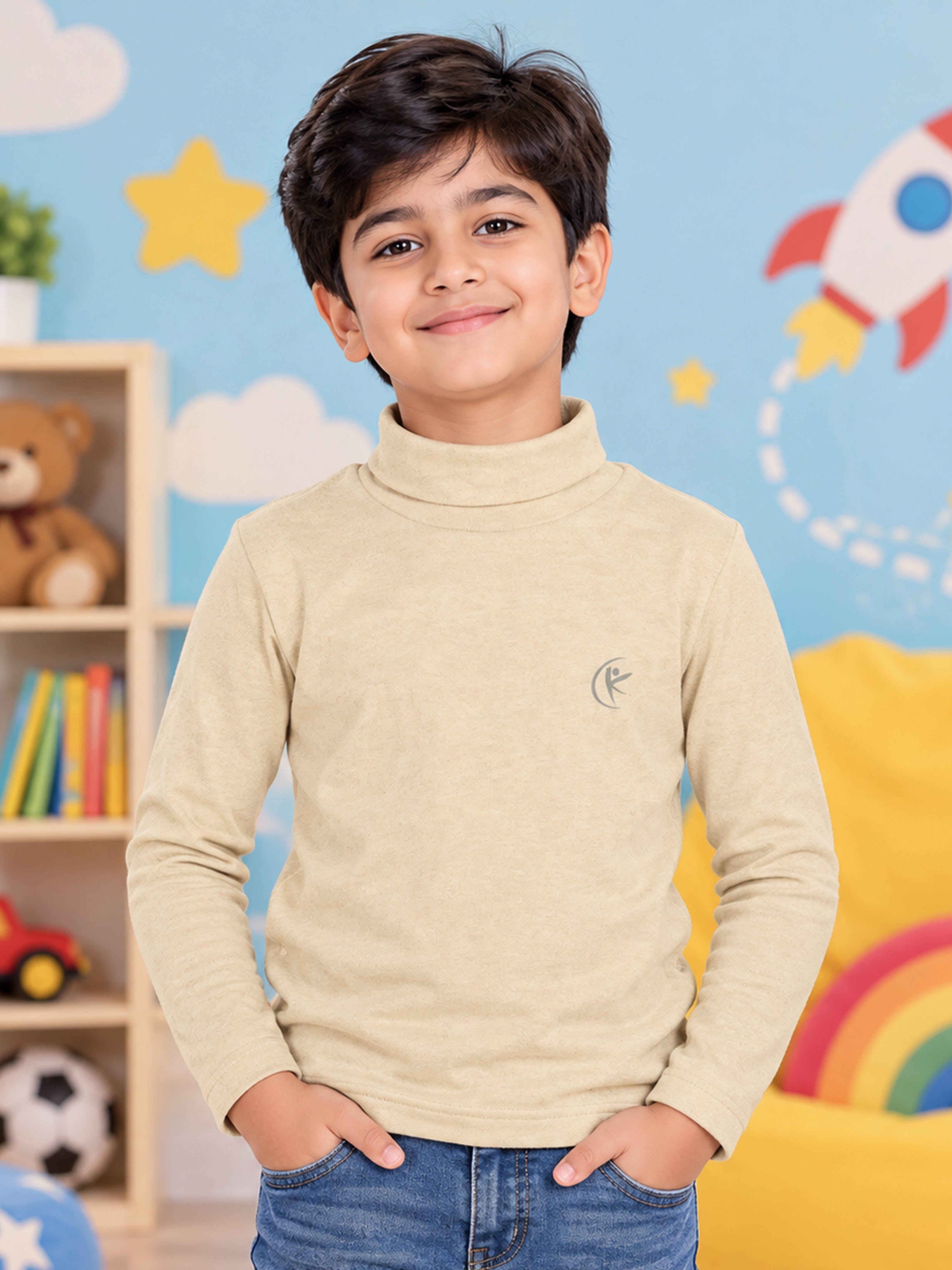 Kiddopanti Boys & Girls Cotton Knit Full Sleeve Solid Turtle Neck T-Shirt