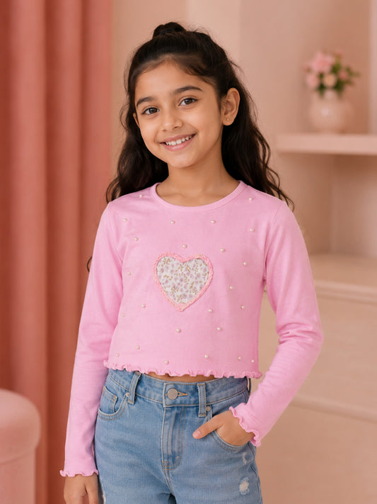 Kiddopanti Girls Full Sleeve Ribbed Crop T-Shirt with Heart Applique & Pearl Embellishment