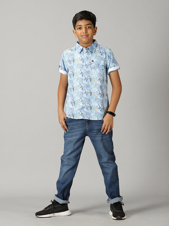 Boys Half Sleeve Printed Shirts & Basic 5 Pocket Denim Pant Set