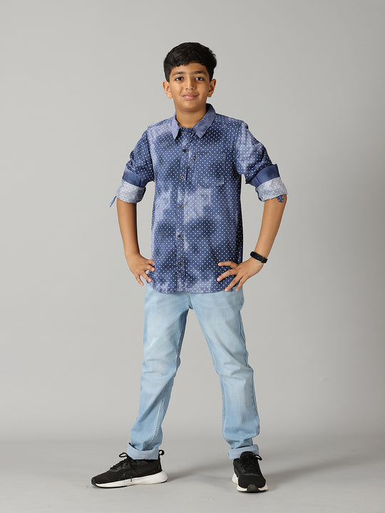 Boys Printed Full Sleeve Shirt & Basic 5 Pocket Denim Pant Set
