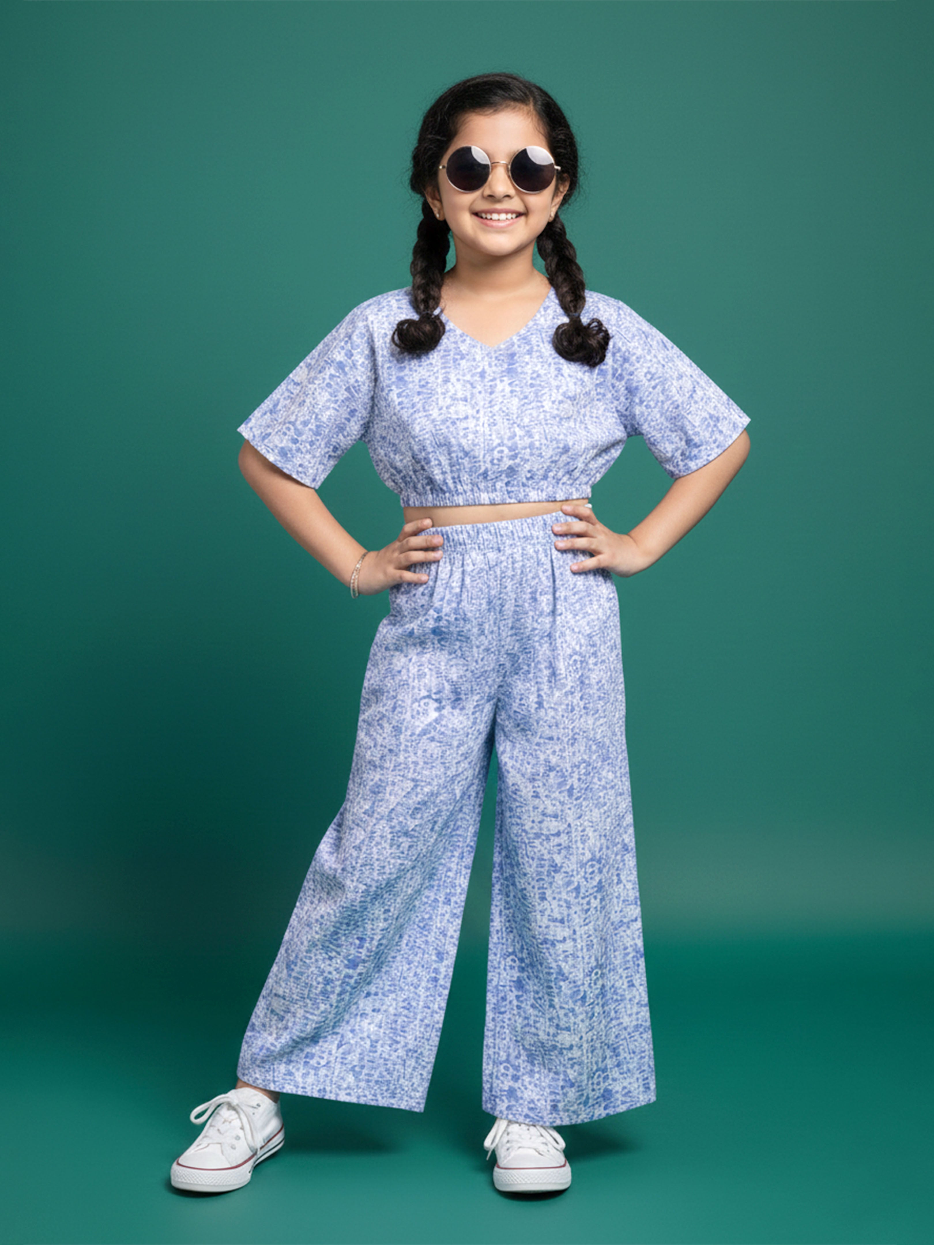 Kiddopanti Girls Cotton Tie Dye Cropped Wrap Top & Flared Pants Summer Outfit 2 Piece Co-Ord Set