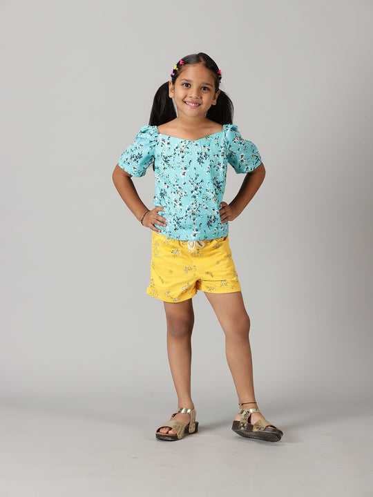 Girls Ruched Sleeve Short Top With Roll up Hot Shorts Set