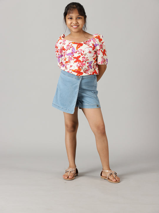 Girls Ruched Sleeve Short Top With Denim Over Lap Shorts Set