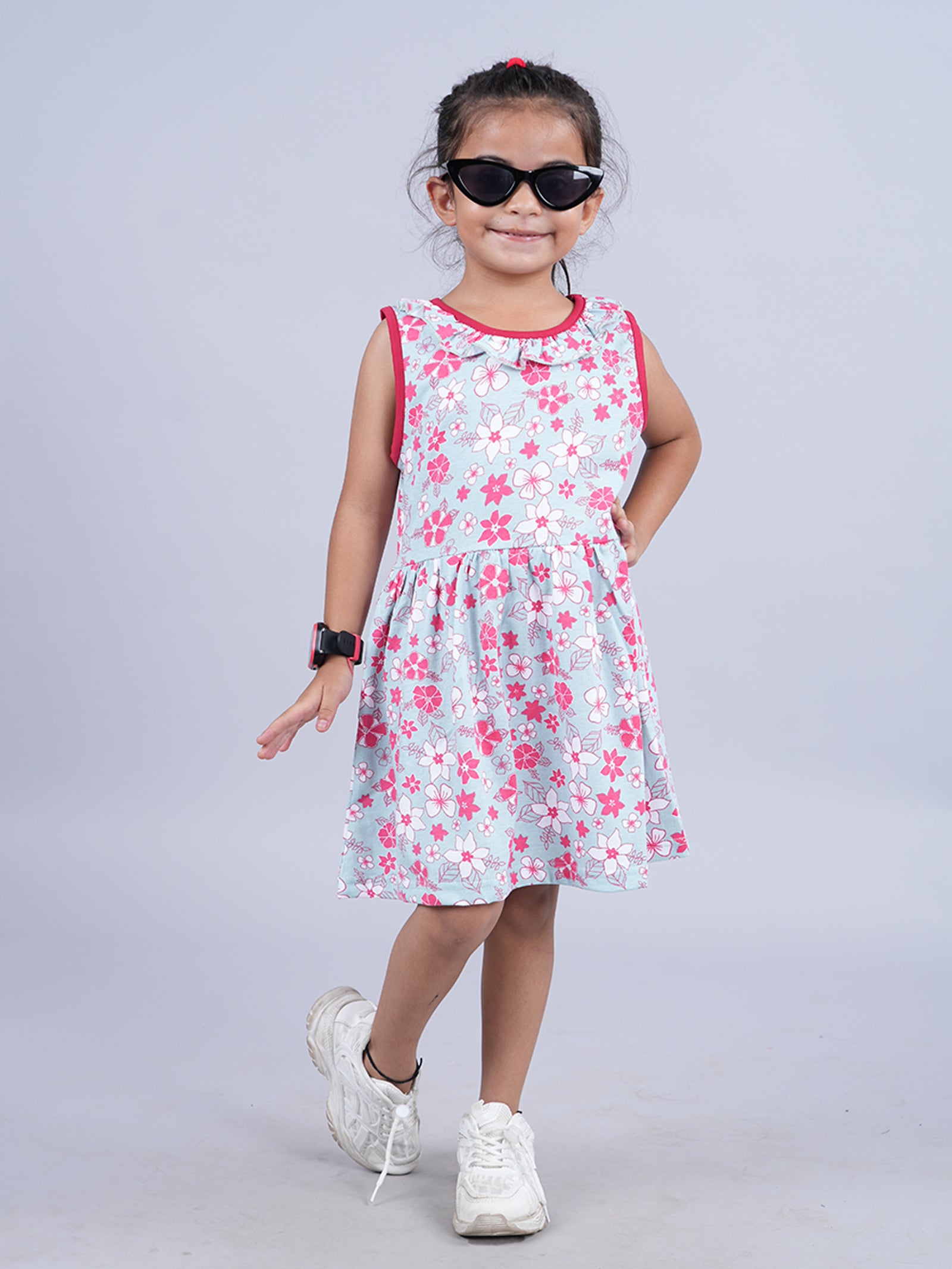 Girls Sleeveless Dress With Neck Frill