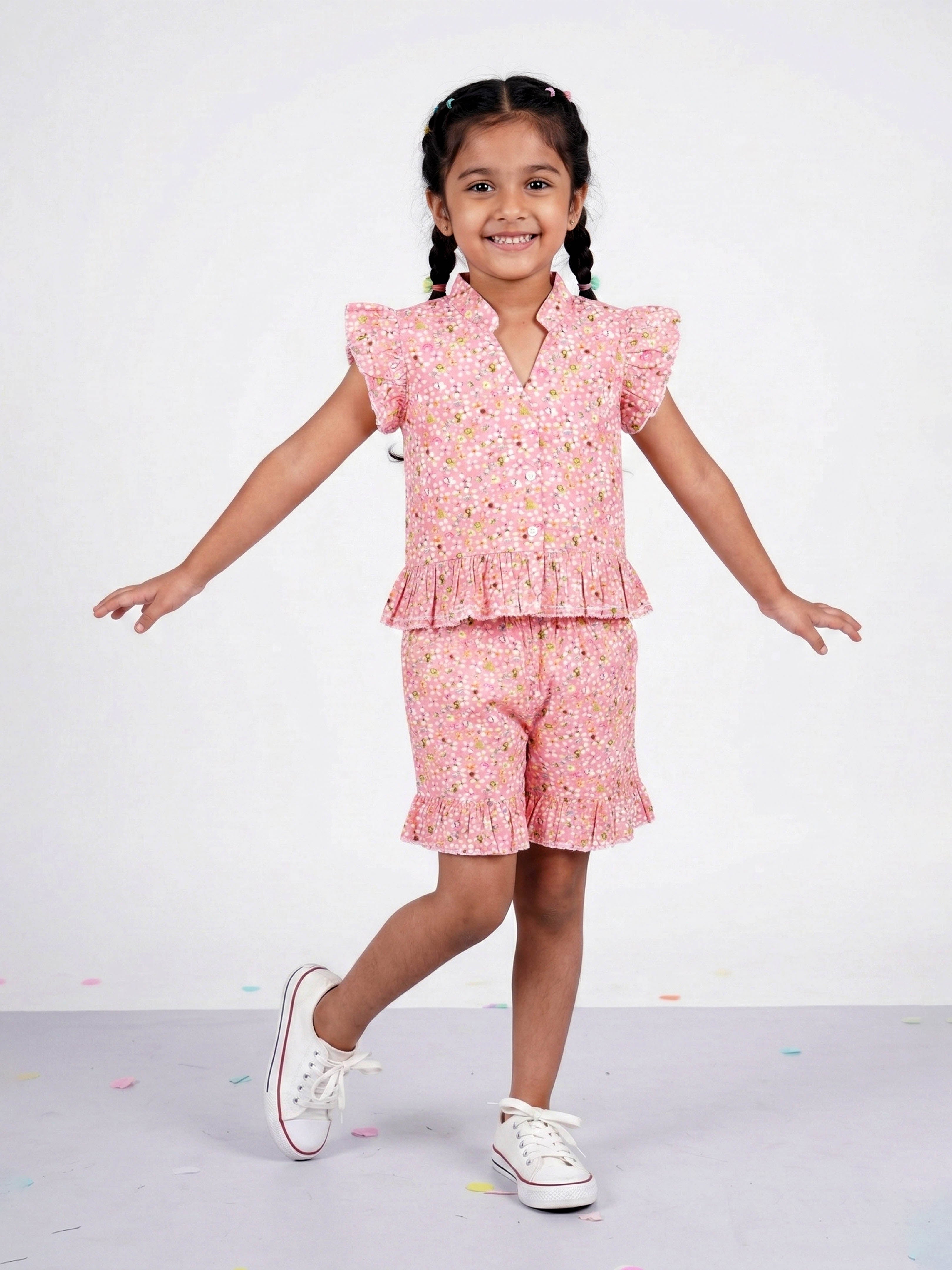 Kiddopanti Girls Cotton Woven Ruffle Sleeves All Over Flower Printed Top With Bottom Frill Shorts Co Ord Set