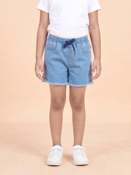 Kiddopanti Girls Denim Woven Hot Shorts with Side Lurex Tape