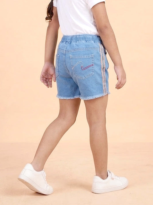 Kiddopanti Girls Denim Woven Hot Shorts with Side Lurex Tape