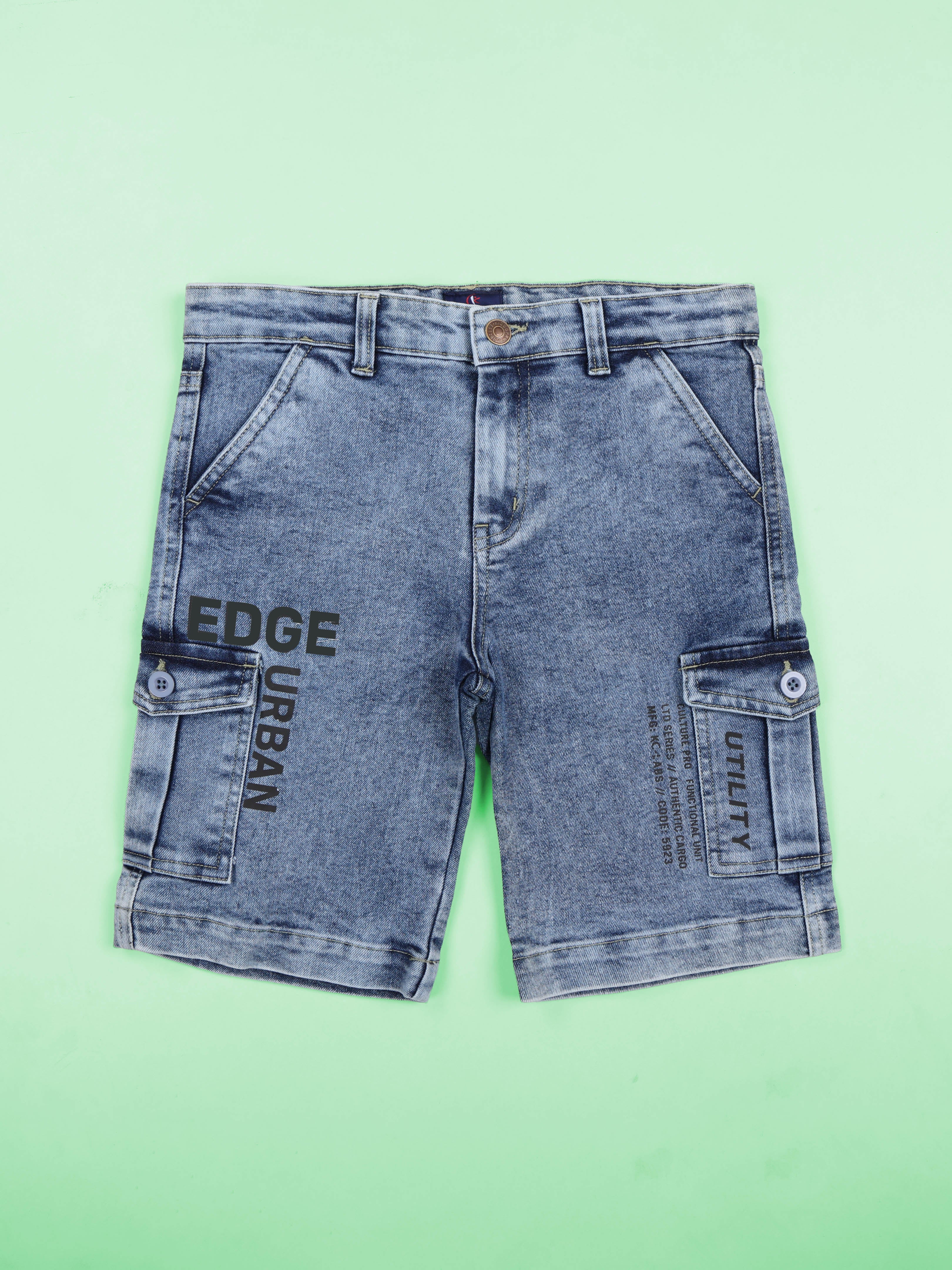 Kiddopanti Boys Denim Woven Urban Edge Printed Knee Length Cargo Shorts