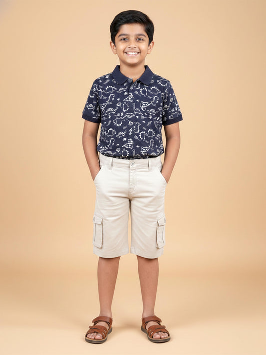 Kiddopanti Boys Cotton AOP Printed Polo T-Shirt & Twill Knee Length Cargo Short Set