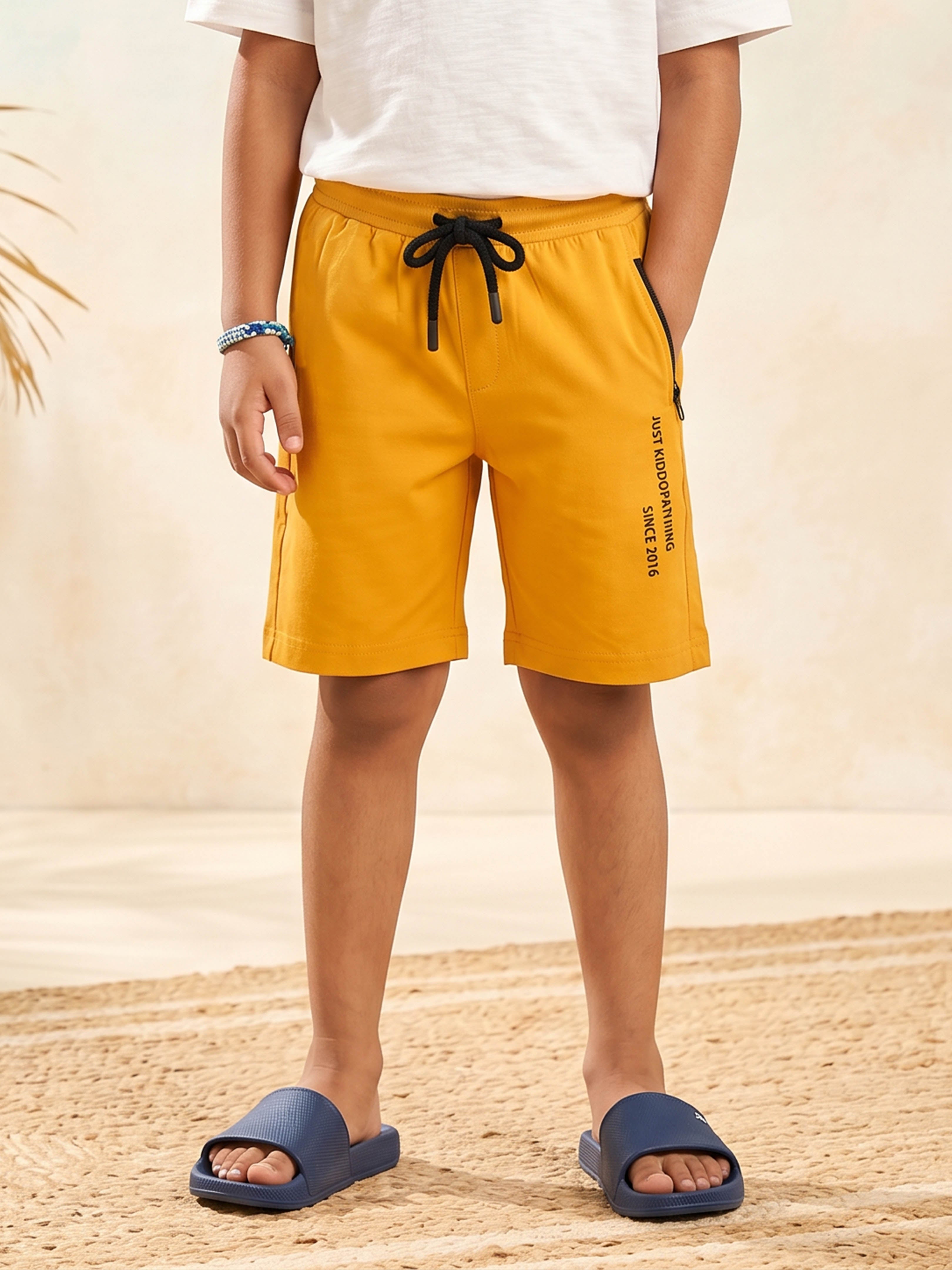Kiddopanti Boys Cotton Just Kiddopanting Printed Knit Shorts With Zipper Pocket