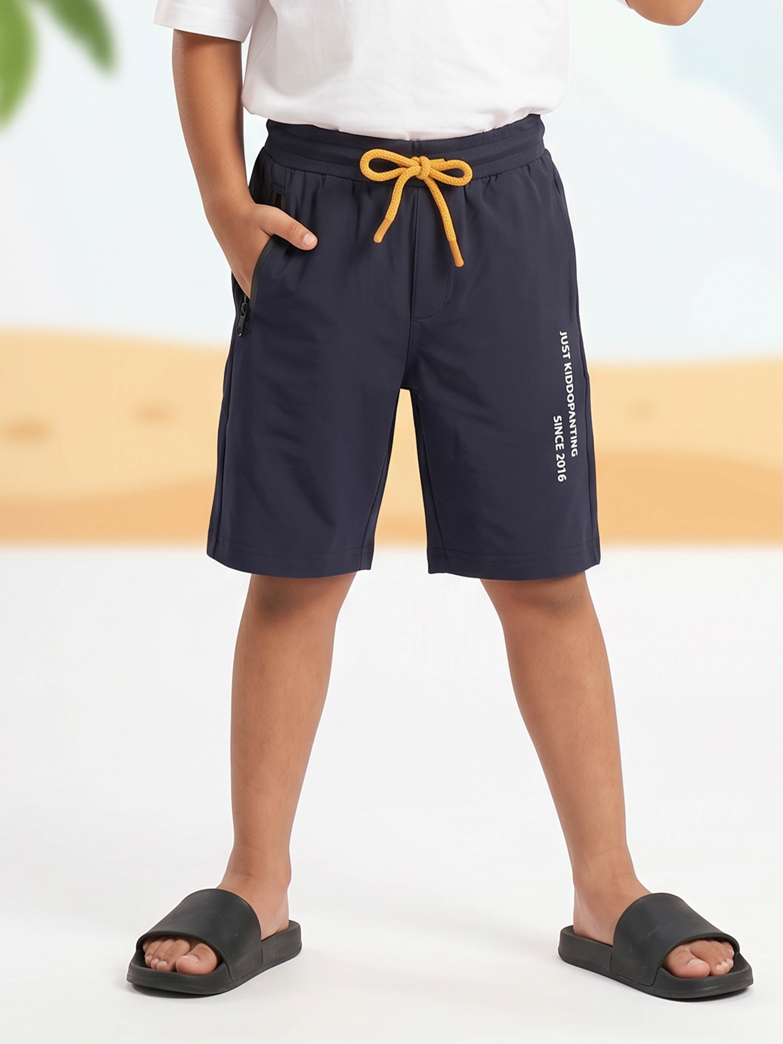 Kiddopanti Boys Cotton Just Kiddopanting Printed Knit Shorts With Zipper Pocket