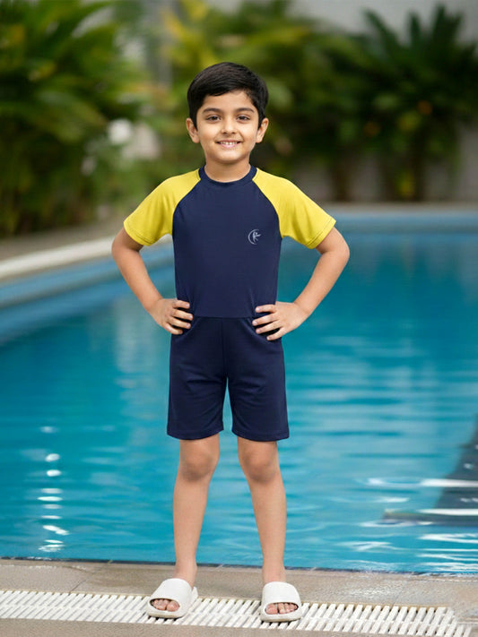 Kiddopanti Unisex Polyester Spandex Half Sleeves Solid Mid Thigh Length Swim Suit