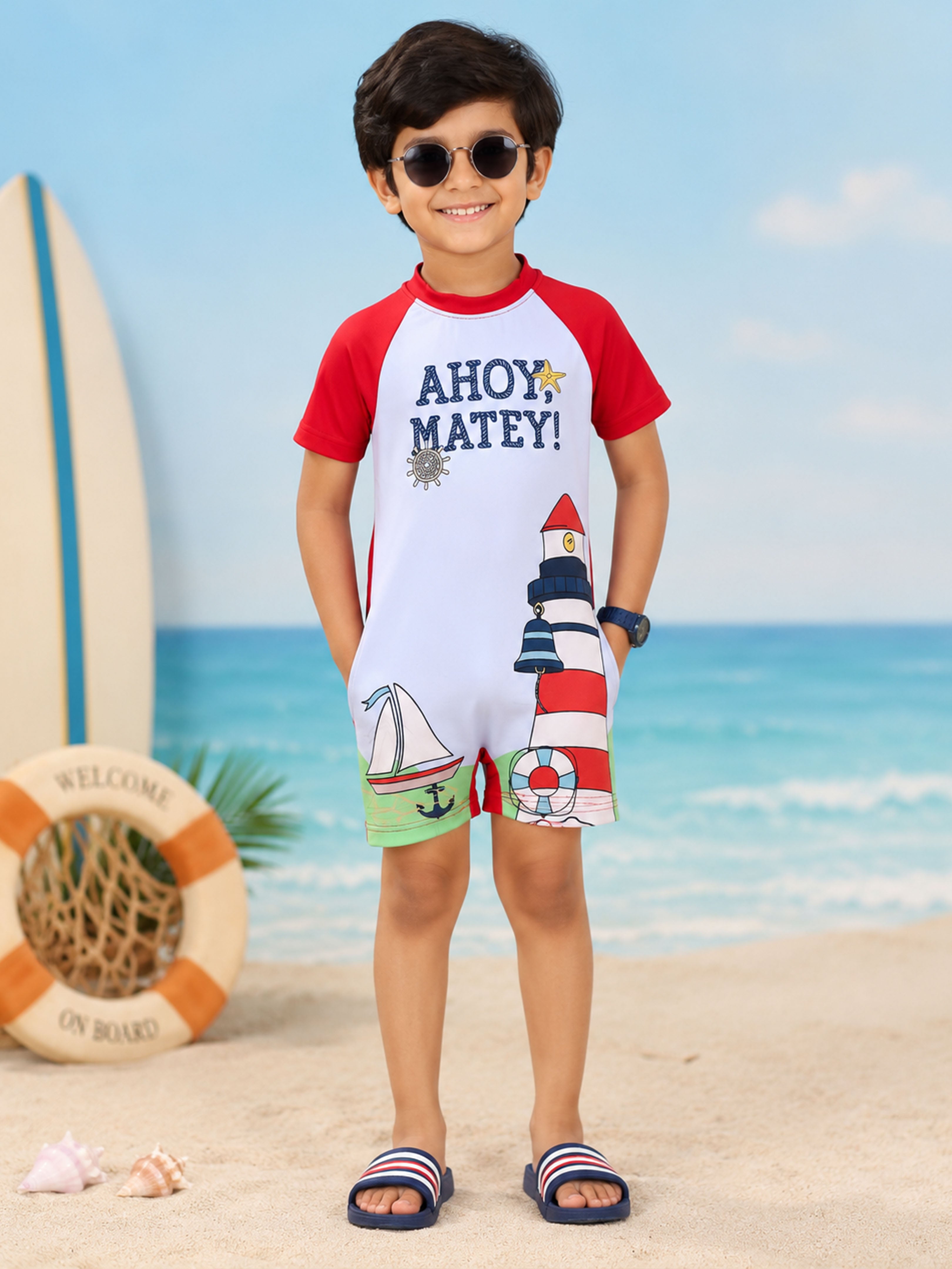 Kiddopanti Polyester Spandex Raglan Sleeves Lighthouse & Sailboat Nautical Printed Swimwear Swimsuit