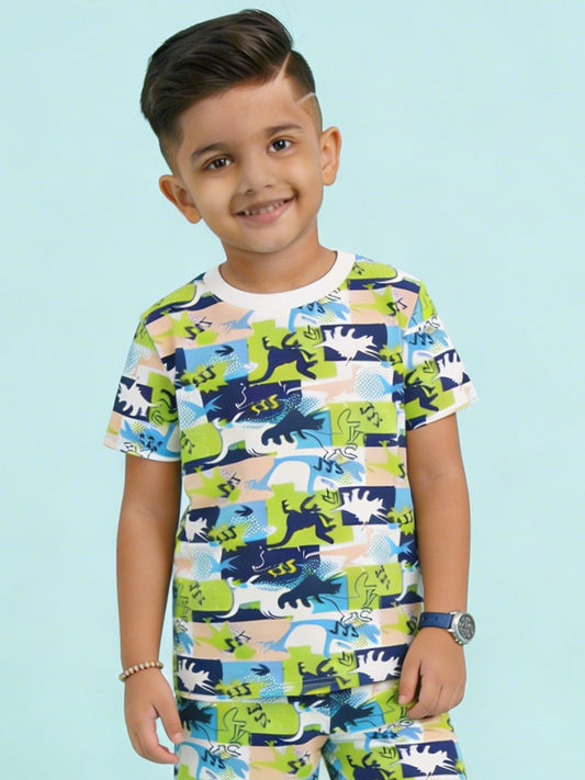 Kiddopanti Boys Cotton Knit Half Sleeves All Over Dinosour Printed T-Shirt