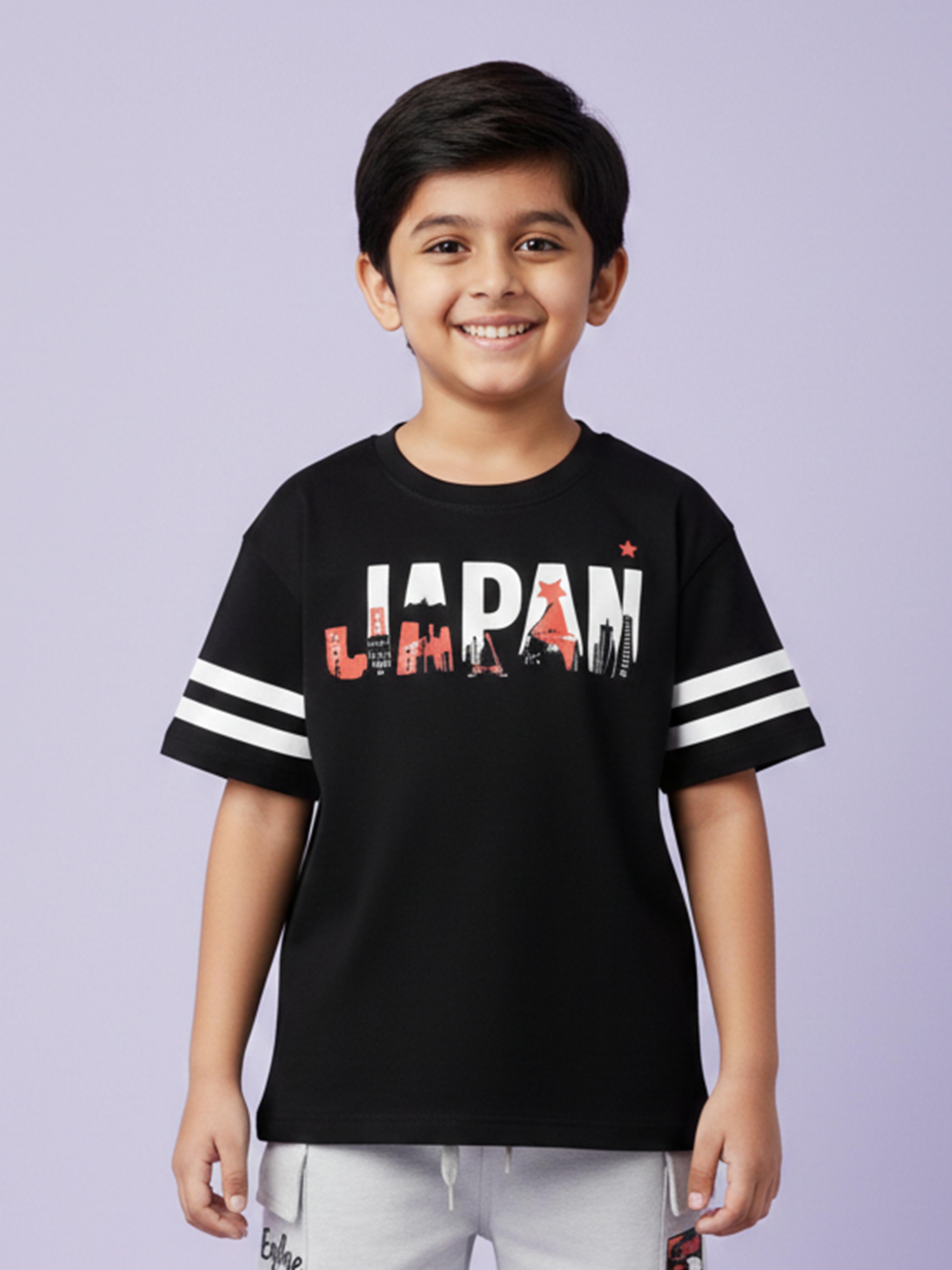 Kiddopanti Boys Cotton Chest Printed Drop Shoulder Round Neck Tee