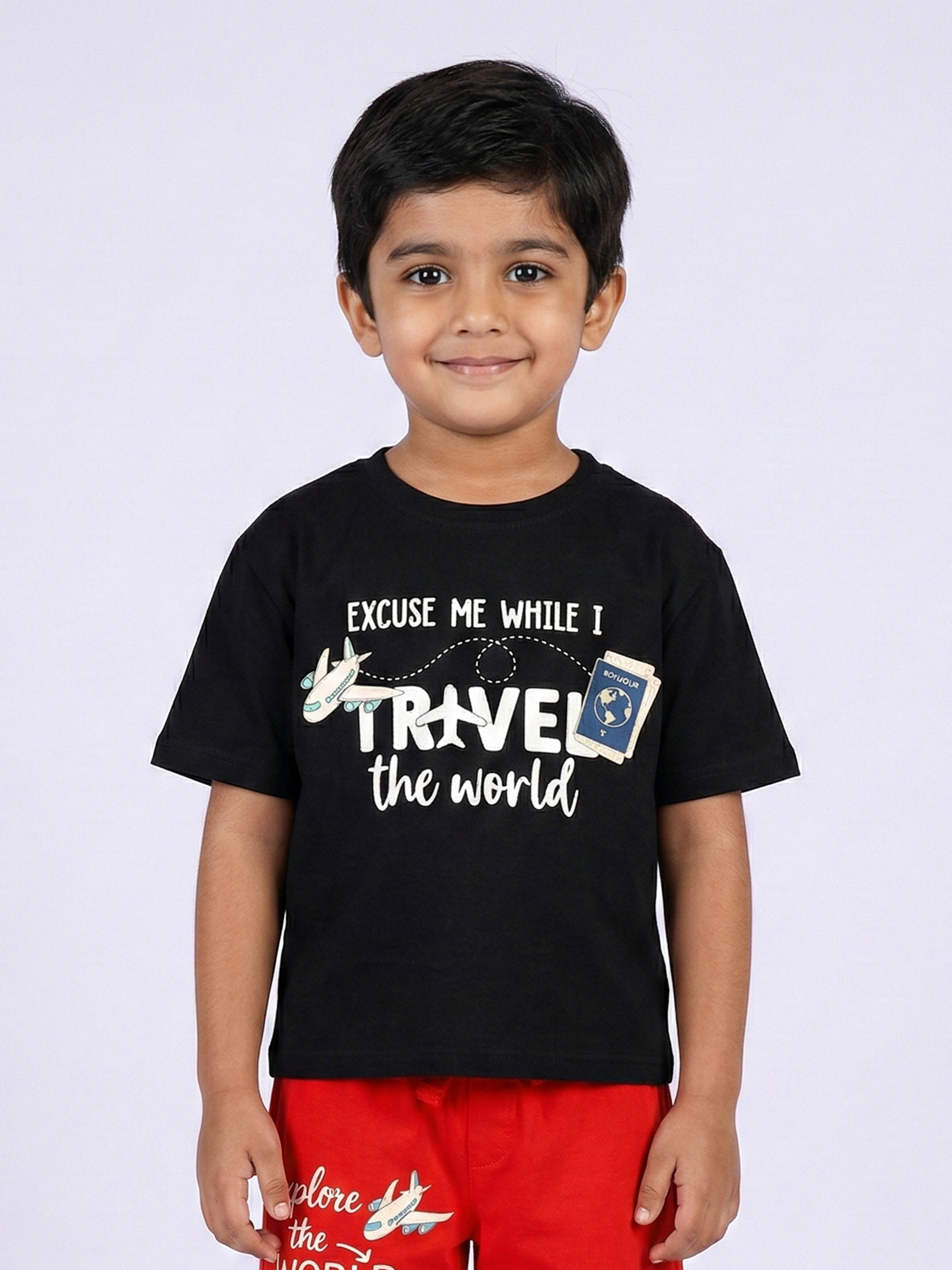 Kiddopanti Boys Cotton Graphic Printed Round Neck Drop Shoulder T-shirt With Badges