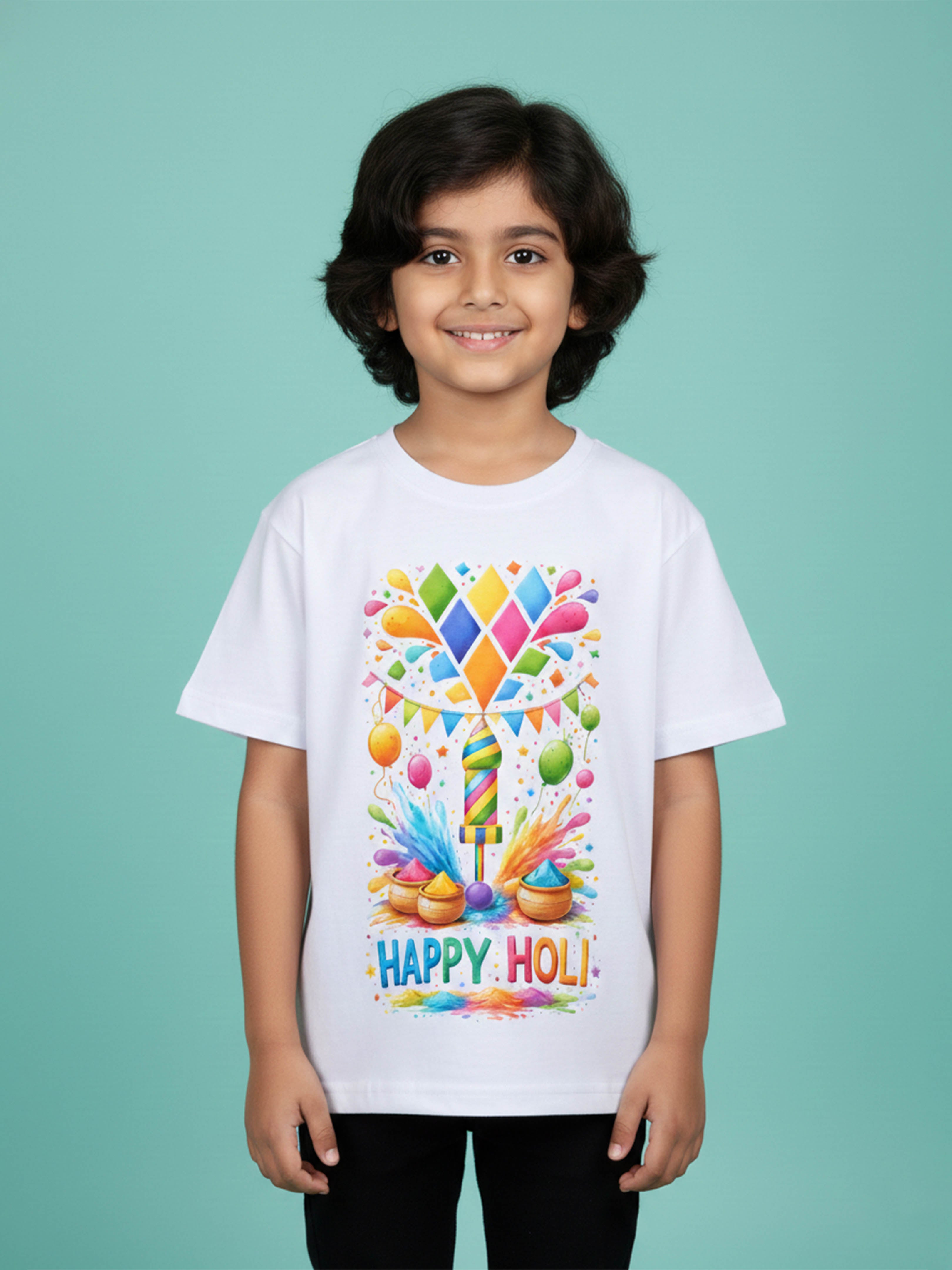 Kiddopanti Unisex Cotton Half Sleeves Colorful Holi Printed T-Shirt
