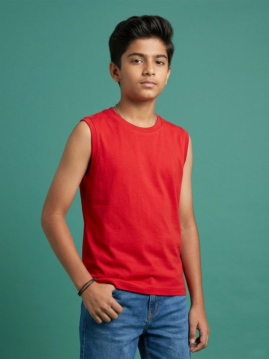 Kiddopanti Boys 100% Cotton Sleeveless Solid Round Neck T-Shirt